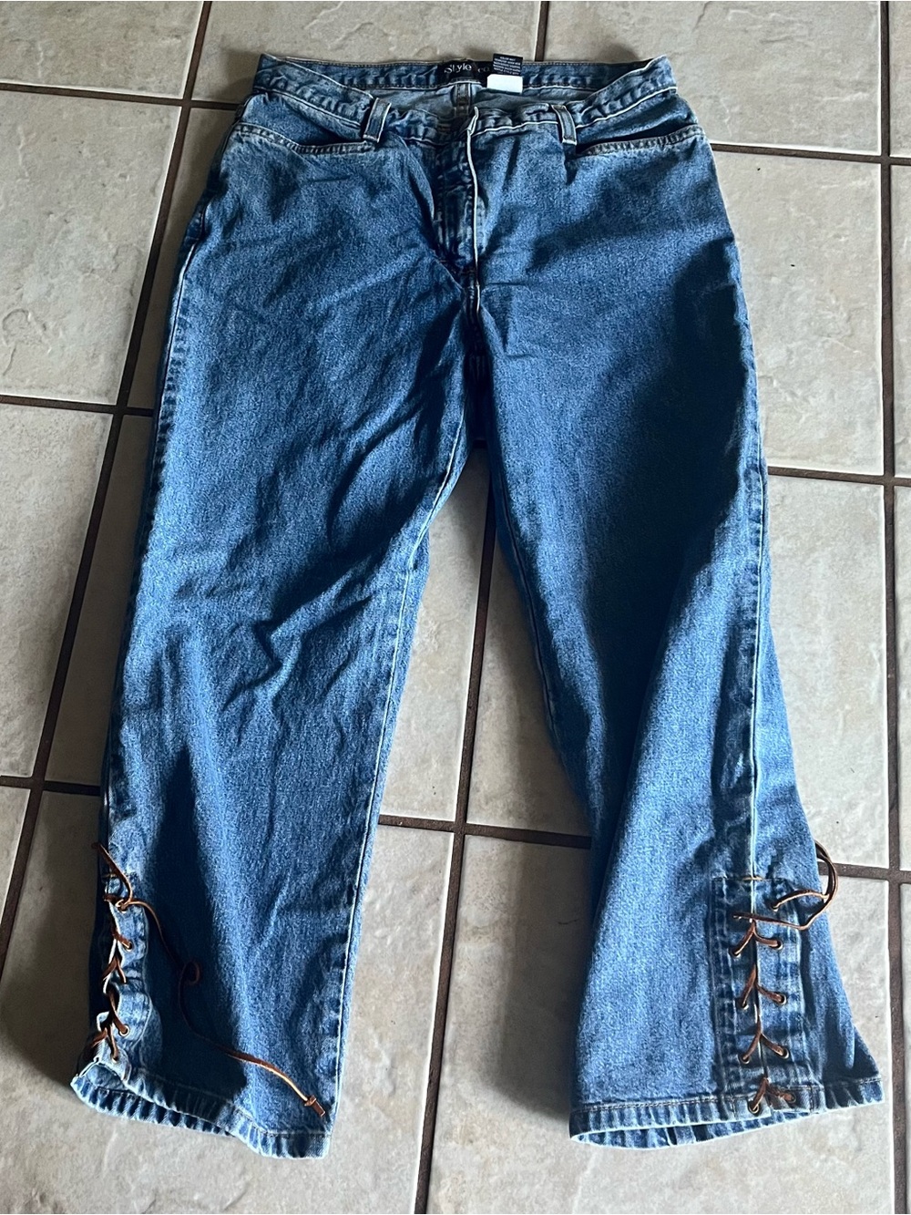 Vintage Women’s Blue Denim Jeans with Lace-Up Hem 100% Cotton